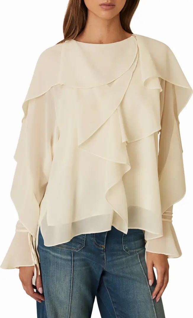 Reiss Milo Semisheer Ruffle Fluted Sleeve High-Low Top | Nordstrom | Nordstrom