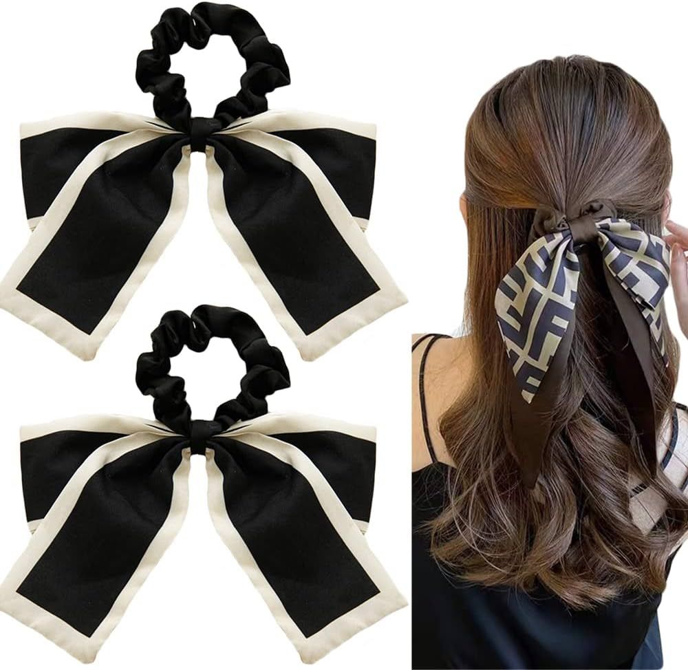 2 Pcs Black White Hair Scarf with Ribbon Bow for Women Girls, Bow Scrunchies for Hair, Ribbon Hai... | Amazon (US)