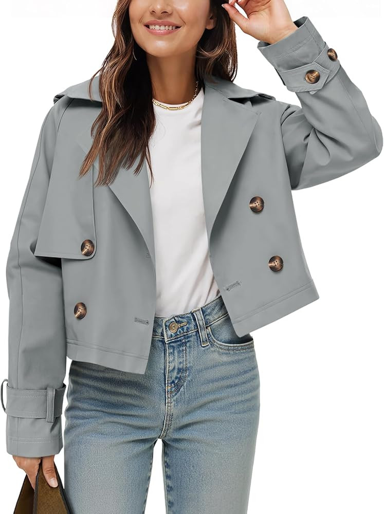 Tankaneo Womens Cropped Trench Coat Lapel Double Breasted Short Jacket Outwear | Amazon (US)