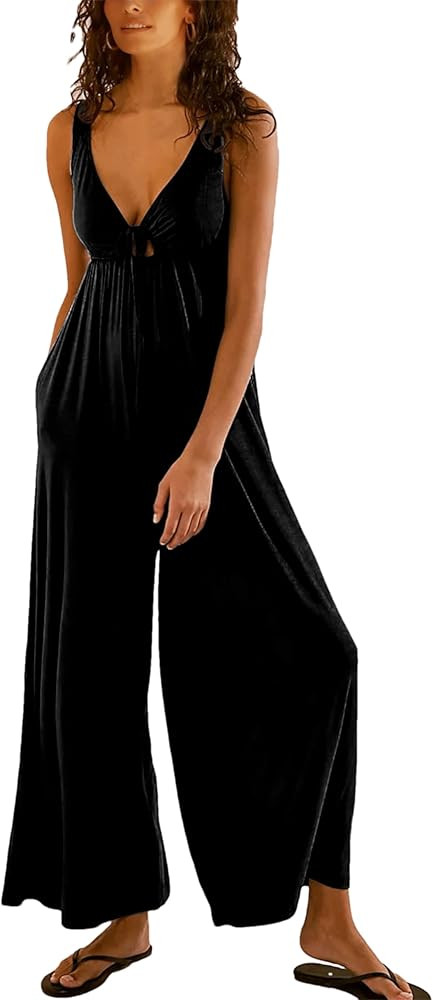 Women's Casual Loose Jumpsuits One Piece Sleeveless Wide Leg Long Pant Rompers with Pockets | Amazon (US)