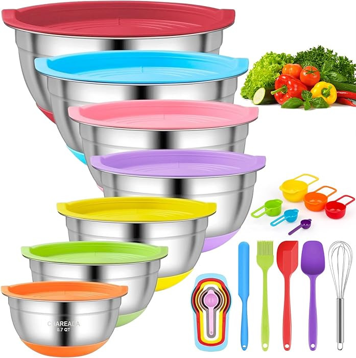 CHAREADA Mixing Bowls with Airtight Lids, 18pcs Stainless Steel Nesting Mixing Bowls Set Non-slip... | Amazon (US)