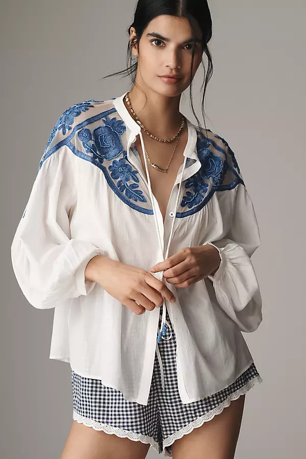Long-Sleeve Two-Tone Lace Blouse | Anthropologie (US)