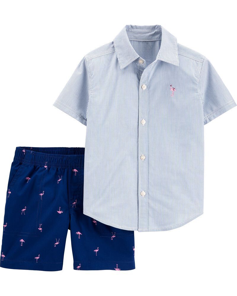 2-Piece Striped Button-Front Shirt & Flamingo Short Set | Carter's