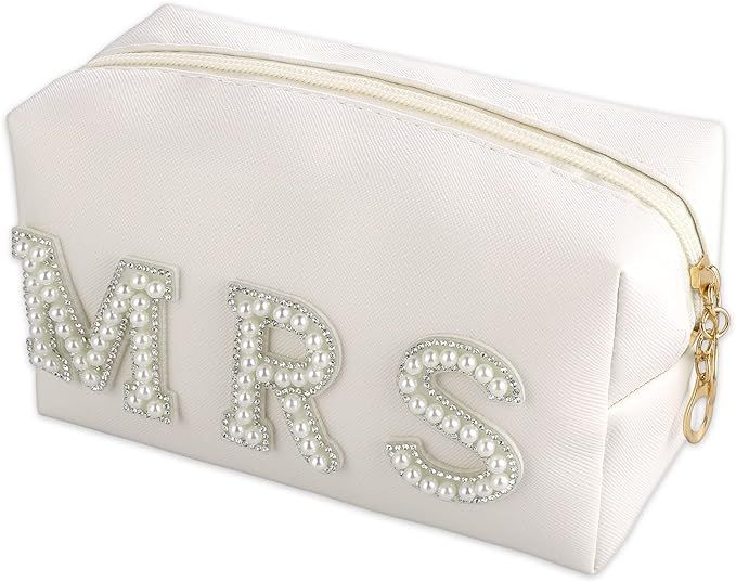 Yolev Bride Patch Makeup Bag Letter Cosmetic Pearl Rhinestone MRS Letter Bag PU Leather Waterproo... | Amazon (UK)