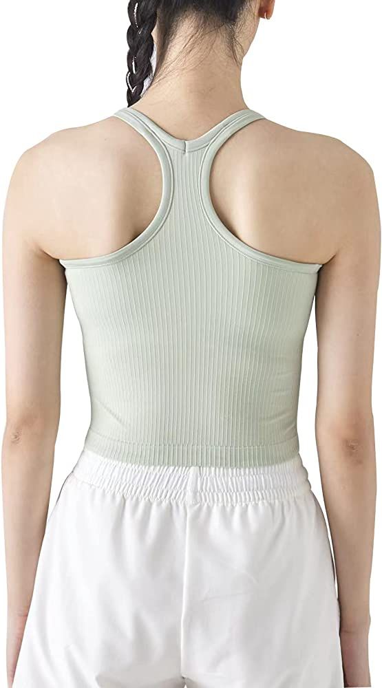 Ribbed Workout Short Racerback Tank Tops for Women with Built in Bra | Amazon (US)