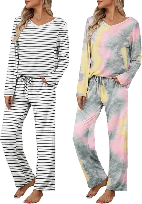 Ekouaer Women's 2 Pack Long Sleeve Pajama Sets V Neck Lounge Sets | Long Sleeve Tops,Drawstring P... | Amazon (US)