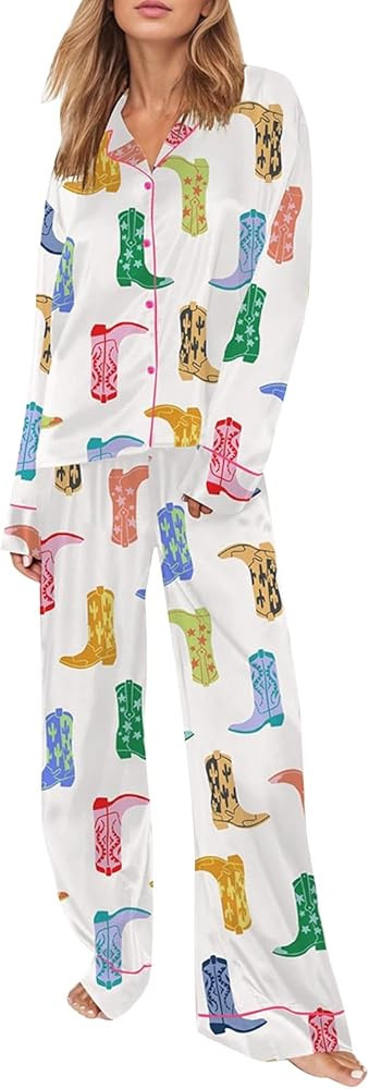 Women Silk Satin Pajamas Sets Cute Print Long Sleeve Button Down Shirt Palazzo Pants Y2k 2 Piece ... | Amazon (US)