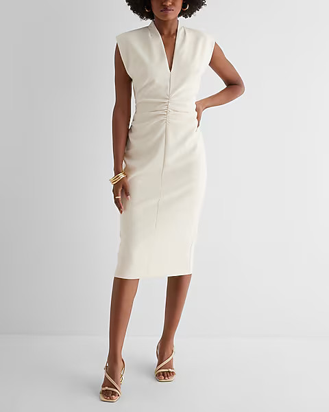 V-Neck Sleeveless Ruched Midi Sheath Dress | Express
