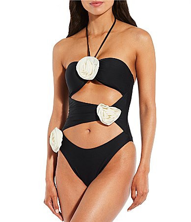 Gianni Bini Solid Rosette Asymmetrical Ruched Cut-Out One Piece Swimsuit - XS | Dillard's