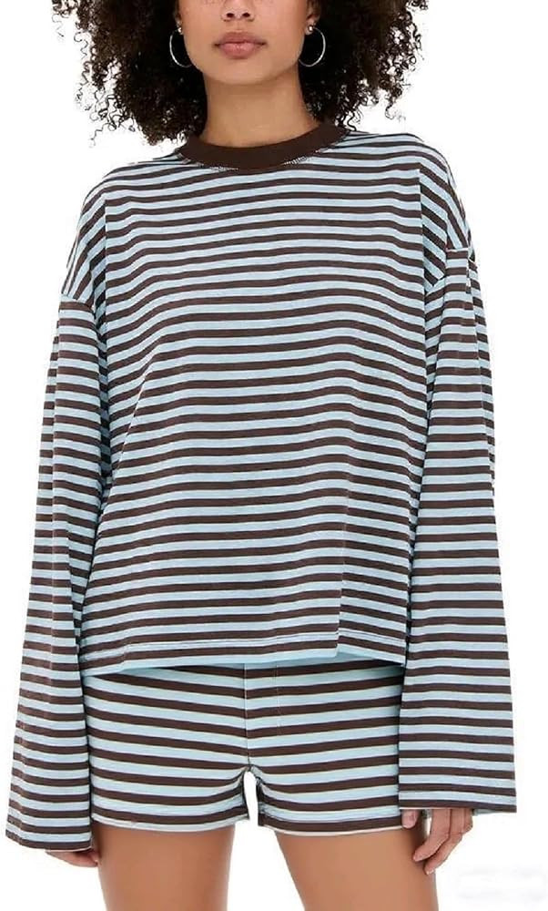 Women Y2k Striped 2pcs Lounge Set Long Sleeve Crewneck Oversized Sweater Sets Mini Shorts Color B... | Amazon (US)