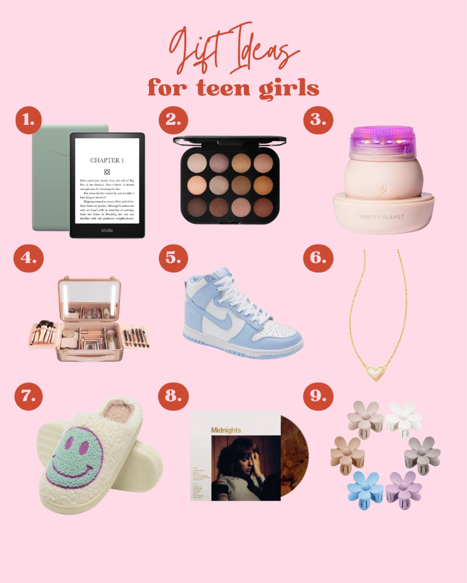 Gift ideas for teen girls, kindle, mac, eyeshadow, face brush, makeup bag, sneakers, tennis shoes, Kendra Scott, heart necklace, slippers, record, Taylor swift, claw clips 

#LTKSeasonal #LTKGiftGuide #LTKHoliday