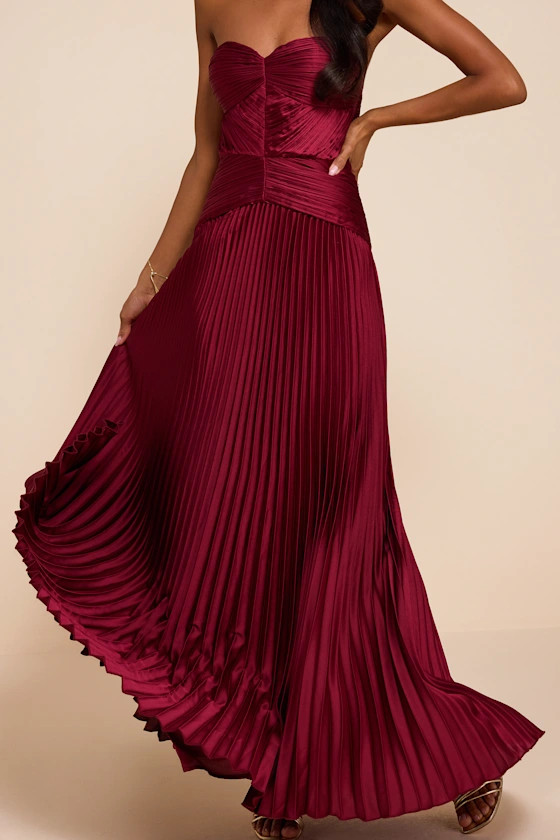 Elkay Burgundy Pleated Satin Drop Waist Maxi Dress | Lulus