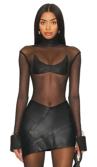 x REVOLVE V Mesh Bodysuit in Black Leather | Revolve Clothing (Global)