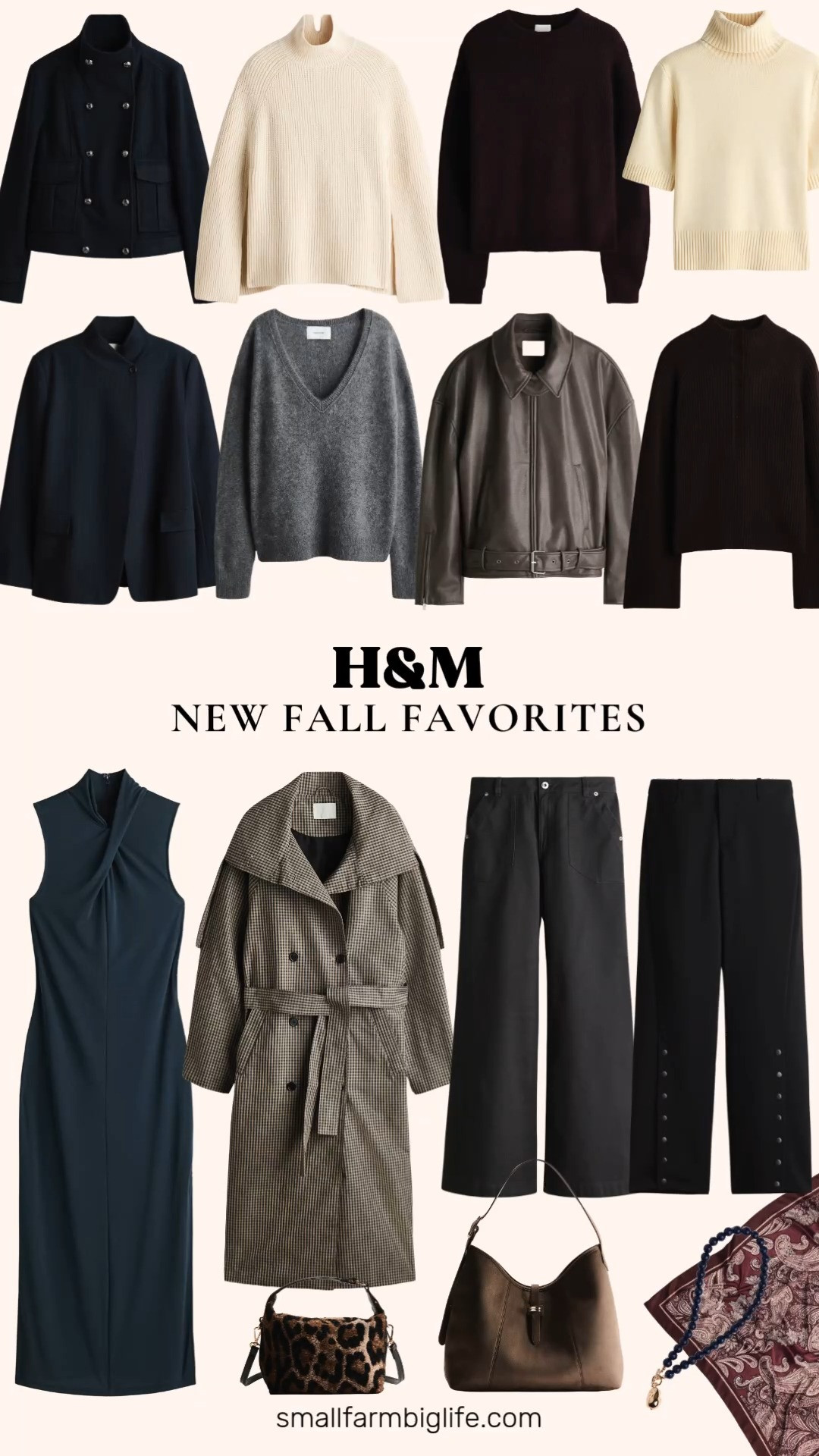 🍂 H&M New Fall Favorites

H&M's new fall arrivals are full of easy layers in rich fall colors like burgundy, plum, navy, and dark brown. For outerwear, there's a taupe plaid oversized trench coat, a navy double breasted jacket with a funnel collar, a navy pinstripe jacket with a stand collar, and a grey brown coated biker jacket. Fall sweaters include a burgundy crewneck knit, a dark grey V neck wool sweater, a dark brown rib knit mock neck, and a light beige knit mock neck cape that layers beautifully over everything. Pair them with dark grey wide leg cotton twill trousers or black twill pants with a slit hem for polished fall outfits that work for the office or the weekend. For something dressier, the dark turquoise twist detail midi dress makes a great date night outfit or fall wedding guest dress, and the light yellow short sleeve roll neck top adds a pop of color. Finish the look with a dark taupe shoulder bag, a leopard print crossbody, a navy and gold beaded necklace, and a plum paisley scarf. These classic pieces make easy fall outfits for women over 50 and mix and match all season long.

#hmfashion #hmfinds #fallfashion #falloutfits #newarrivals #falltrends 

 #LTKootd #LTKOver40 #LTKSaleAlert