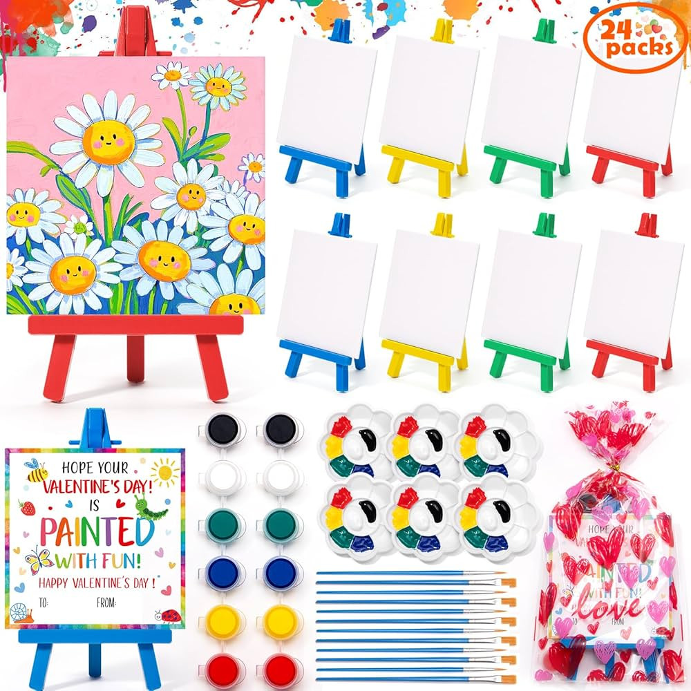 Valentines Day Gifts for Kids, 24 Set Mini Canvas Acrylic Painting Kit with Valentines Day Cards,... | Amazon (US)