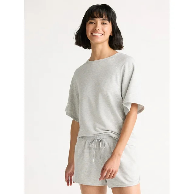 Joyspun Women's French Terry Short Sleeve Top and Shorts Pajama Set, 2-Piece, Sizes XS-3X | Walmart (US)