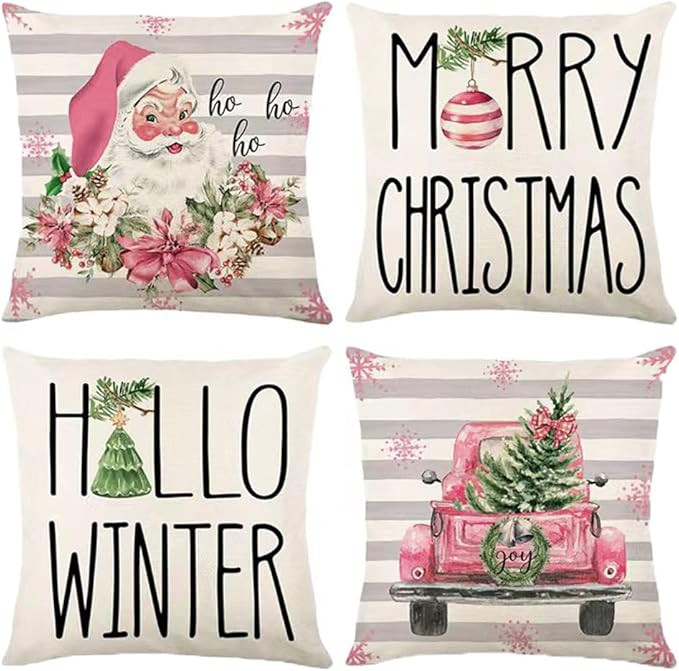 HOOLRO 4 Pcs Family Christmas Throw Pillows Cover 18 x 18 Inch, Merry Winter Farmhouse Pink Chris... | Amazon (US)