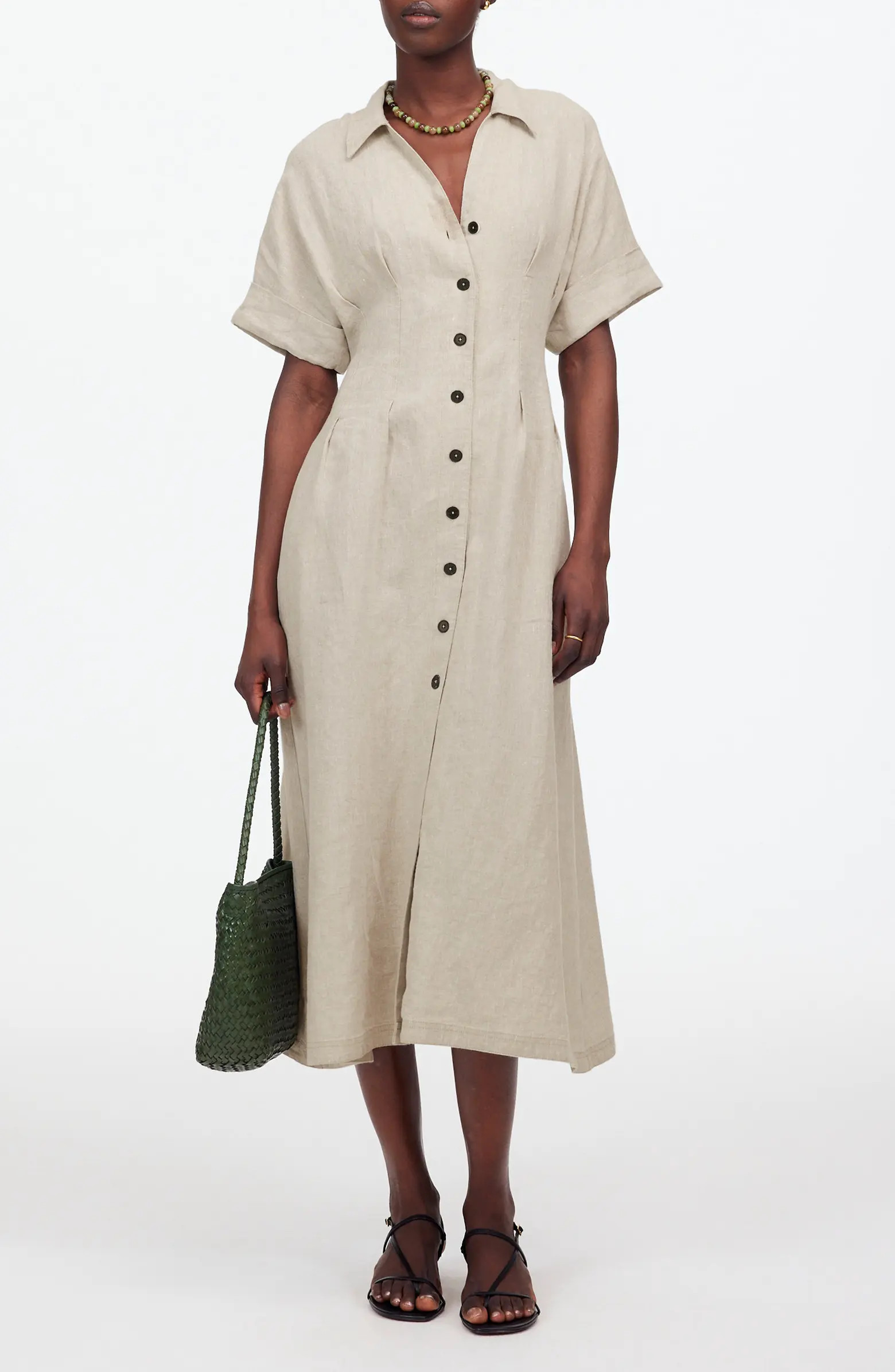Pleated Button Front Linen Midi Shirtdress | Nordstrom