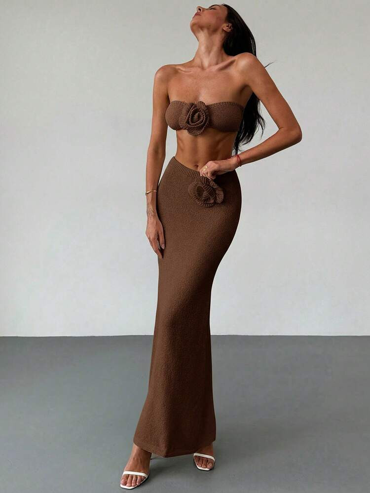 Aloruh Apricot Vacation Romantic Date Strapless Floral Tie Top + Low Waist Long Maxi Floral Skirt... | SHEIN