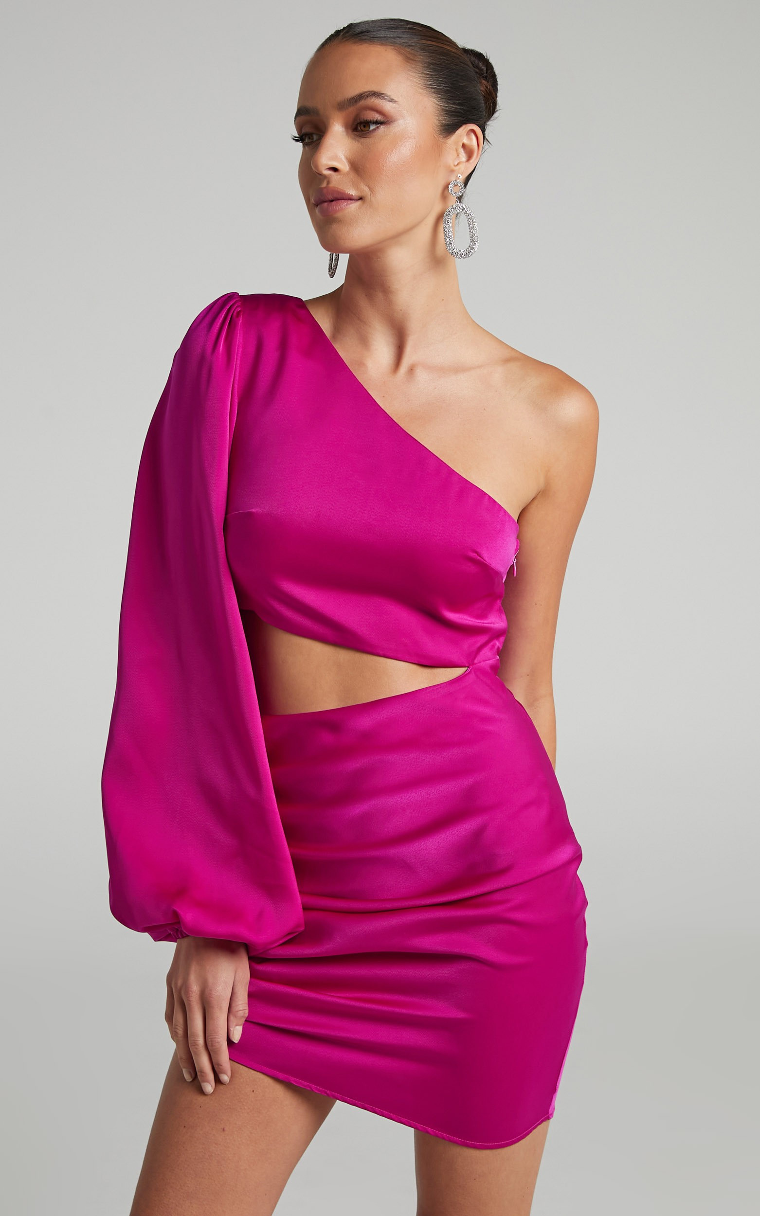 Rayanna One Shoulder Long Sleeve Cut Out Mini Dress in Fuchsia | Showpo (ANZ)