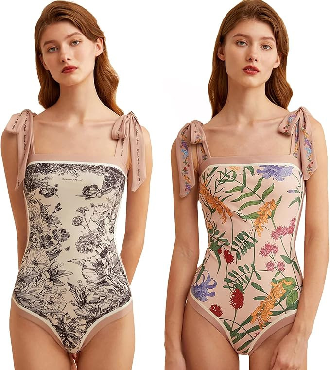 Women Floral One Piece Swimsuits, Reversible Tie Shoulder Monokini, Tummy Control Bathing Suits, ... | Amazon (US)