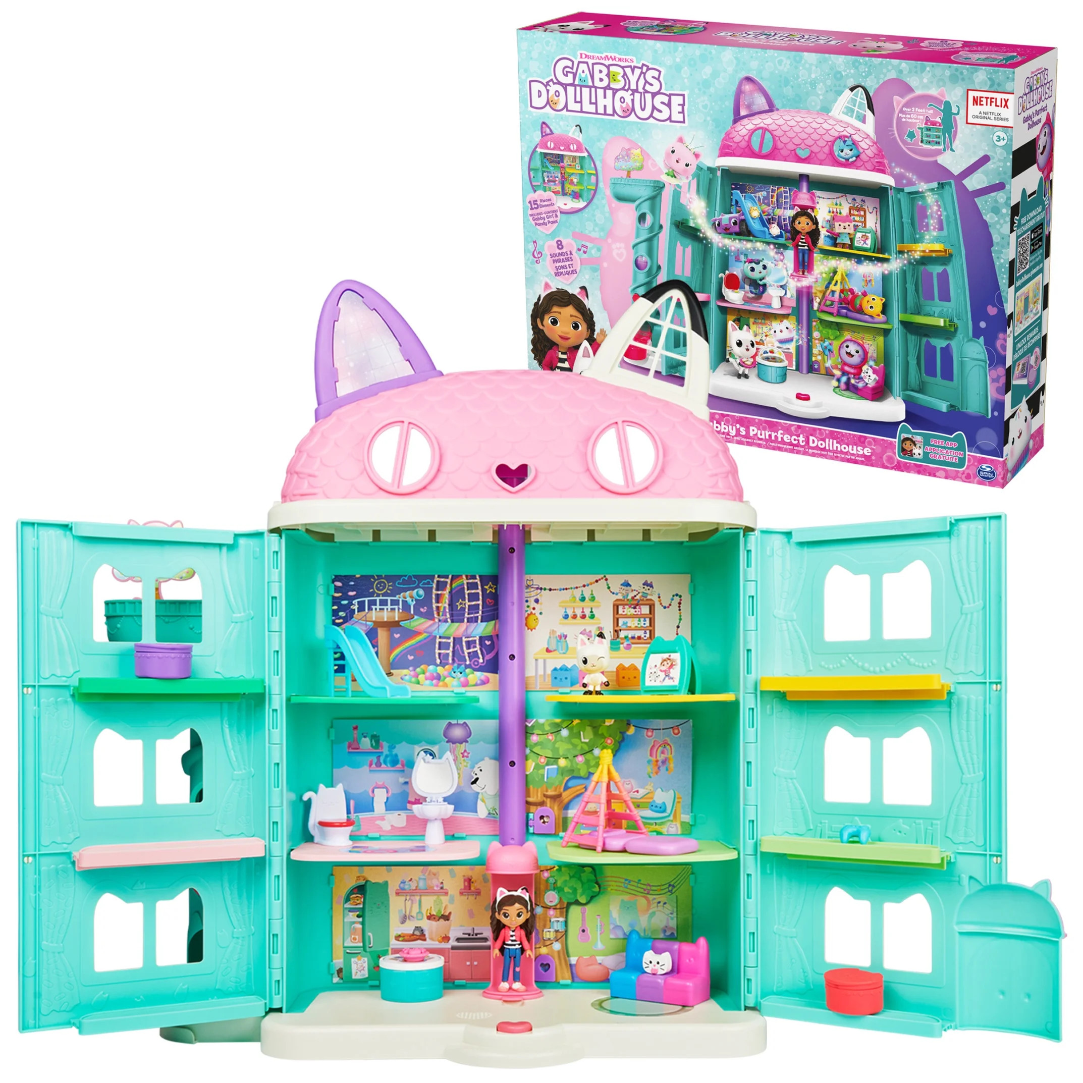 Gabby's Dollhouse, Purrfect Dollhouse 2-Foot Tall Playset with Sounds, 15 Pieces | Walmart (US)