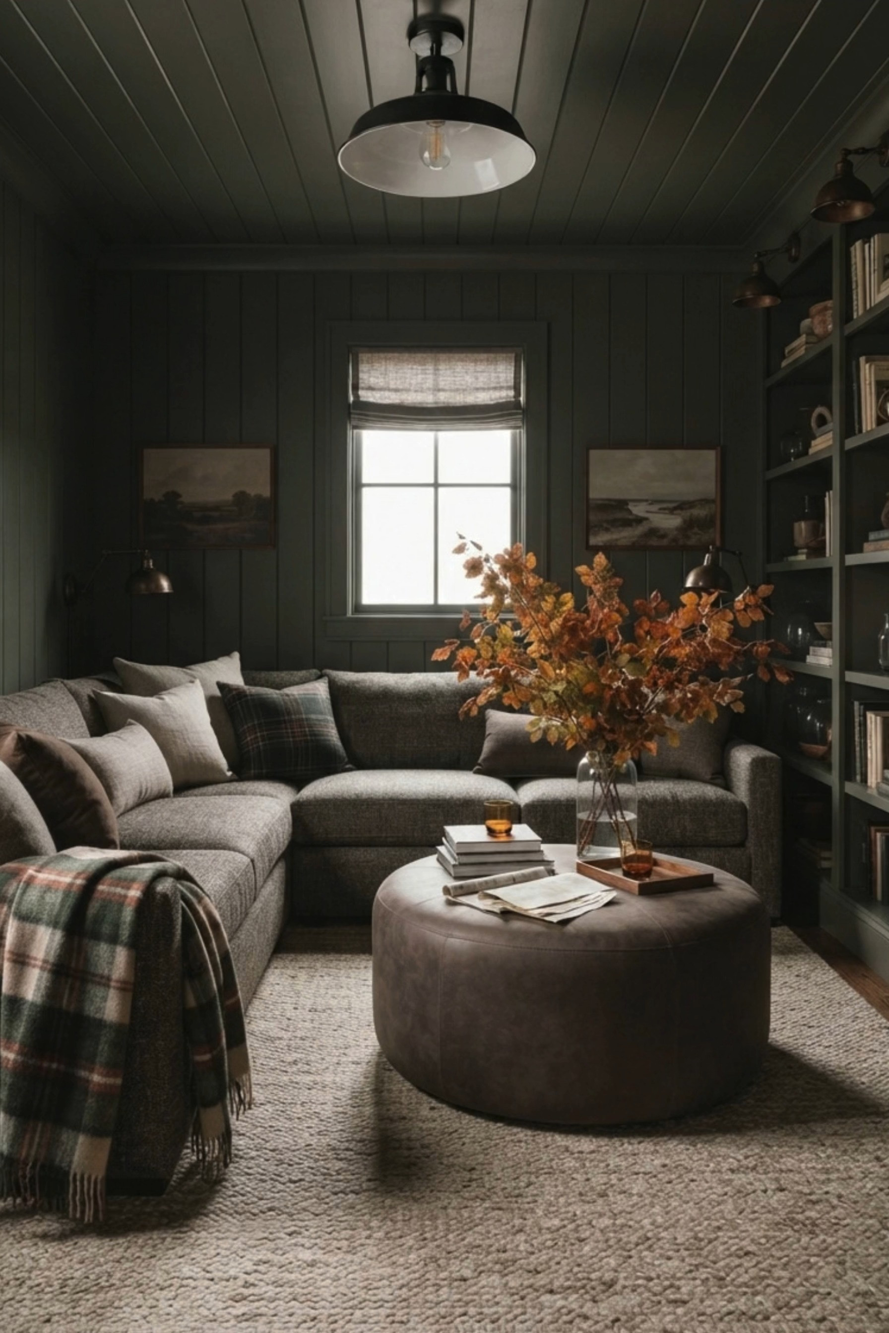 Moody Fall Living Room 🍂 This cozy living room embraces rich autumn color, English country style, and modern traditional decor with deep charcoal paneled walls, a plush gray sectional, built-in bookshelves, and warm vintage-inspired accents. A round leather ottoman coffee table, oversized neutral rug, plaid throw blanket, layered pillows, antique brass lighting, landscape artwork, and dramatic fall branches create a collected, sophisticated space perfect for cozy season. The dark color-drenched walls and ceiling make the warm brown, rust, olive, and neutral tones feel especially inviting.

🖤 If you want to see more content like this, FOLLOW maeveandmodern on LTK, Instagram, and Pinterest! Check out our blog where we post daily, maeveandmodern.com!

Moody Fall Living Room | Fall Living Room Decor | Cozy Fall Home | Moody Interiors | Dark Living Room | Color Drenched Room | Charcoal Walls | Dark Green Walls | Modern Traditional Decor | English Country Decor | Cozy Living Room Ideas | Gray Sectional Sofa | Sectional Styling | Built In Bookshelves | Home Library Decor | Leather Ottoman | Ottoman Coffee Table | Plaid Throw Blanket | Fall Throw Blanket | Neutral Area Rug | Layered Throw Pillows | Antique Brass Lighting | Vintage Inspired Decor | Fall Branches | Autumn Home Decor | Rustic Fall Decor | Warm Neutral Interiors | Collected Home Style | Dark Academia Decor | Cozy Home Inspiration

#LTKHome #LTKSaleAlert #LTKSeasonal