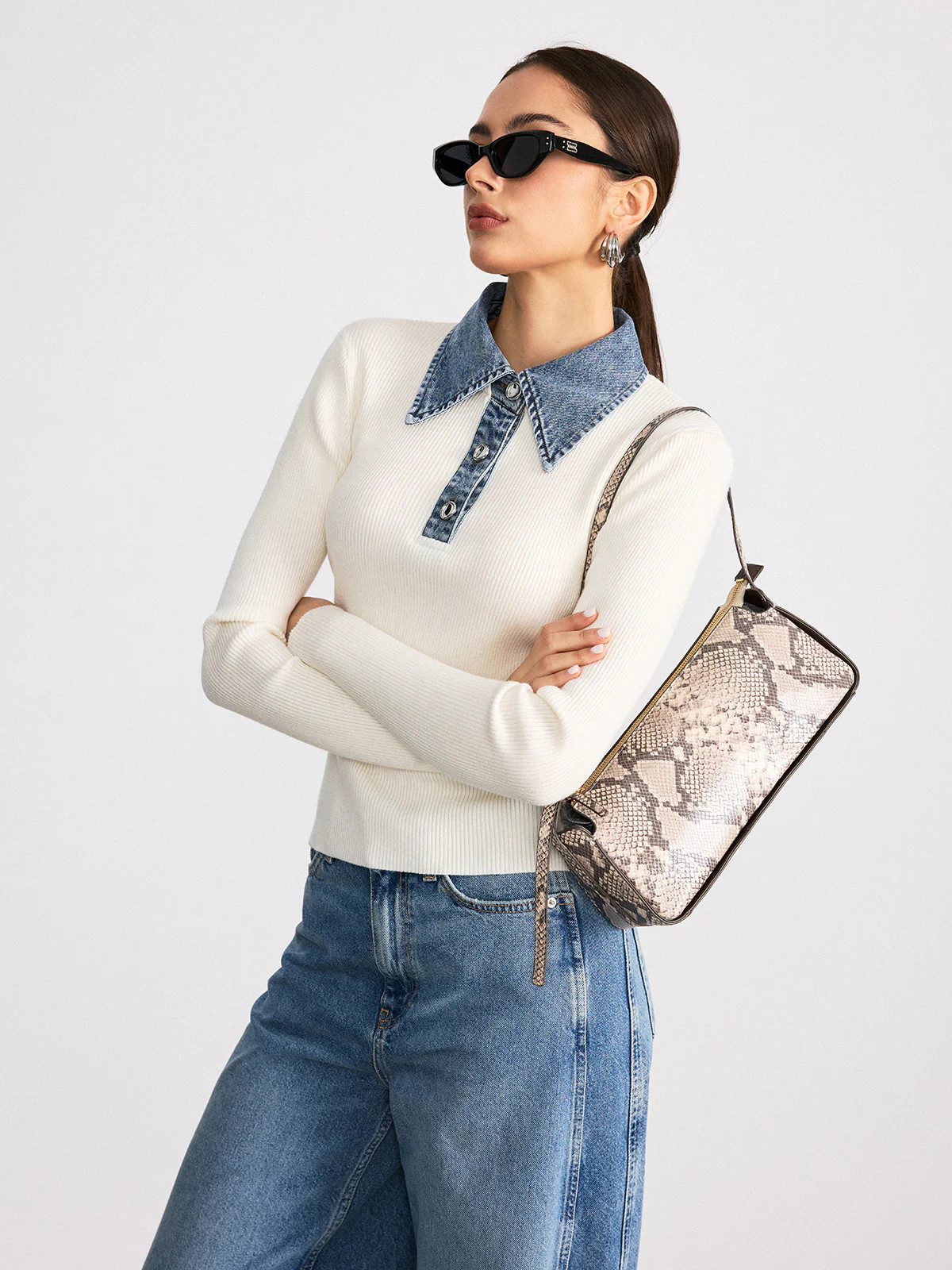 Denim Collar Wool Blend Knit Top | Commense