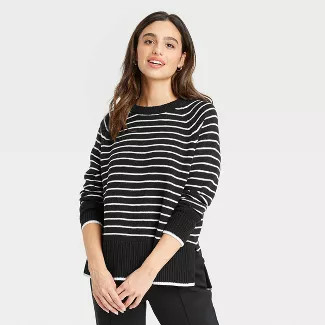 Women's Crewneck Pullover Sweater - A New Day™ Black Striped M | Target