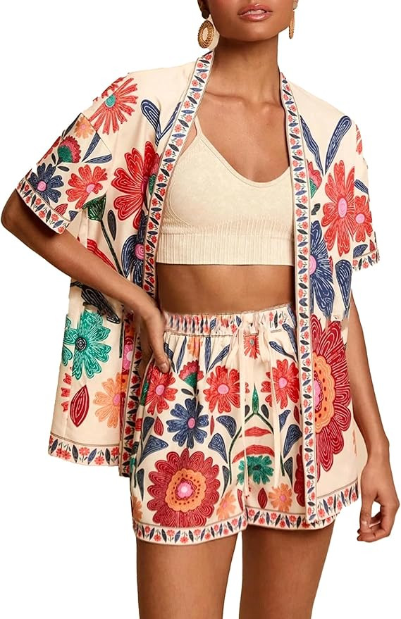 Women Boho Tropical Print Beach Cover Up Shorts Set 2 Piece Summer Lounge Outfit Lightweight Swim... | Amazon (US)