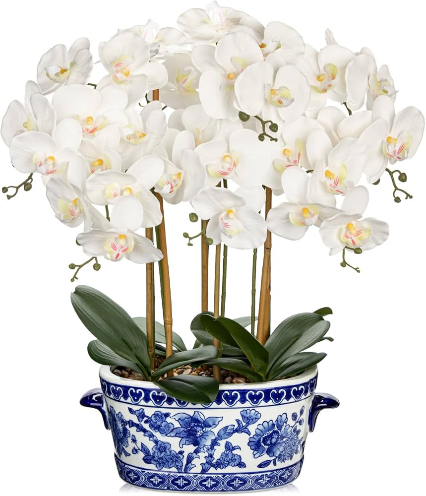 Briful Large White Orchid Artificial Flower in Blue and White Porcelain Pot 25.6" Faux Silk Orchi... | Amazon (US)