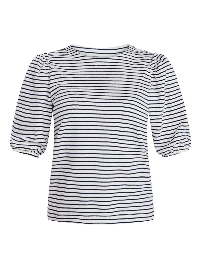 Time and Tru Women's Cotton Crewneck Tee with Puff Sleeves, Sizes XS-XXXL | Walmart (US)