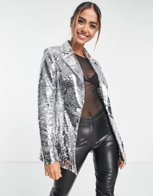 Miss Selfridge sequin blazer in silver | ASOS | ASOS (Global)