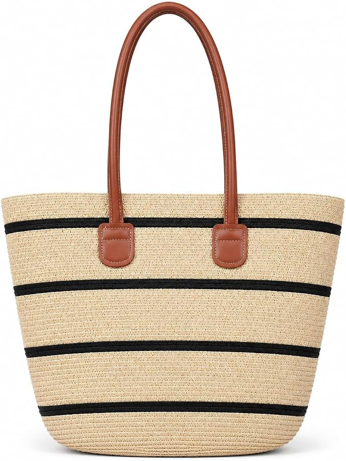 Woven Raffia Tote Bag–A handcrafted, natural raffia beach bag with leather trim and zip fasteni... | Amazon (US)