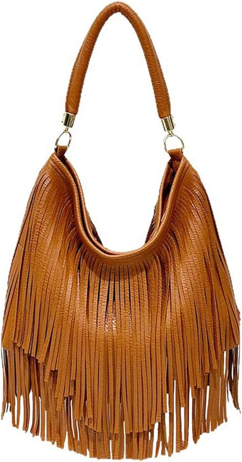 Bohemian Fringe Leather Shoulder Bag for Women Dual-Side Tassel Handbag Underarm Purse Soft PU Le... | Amazon (US)