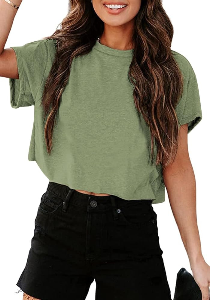 Tankaneo Women Short Sleeve Cropped T-Shirts Crew Neck Loose Crop Tops Summer Casual Drop Shoulde... | Amazon (US)