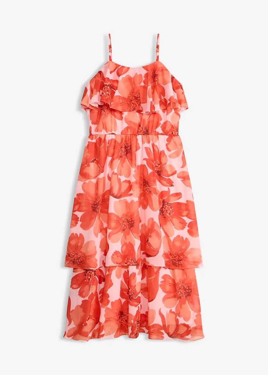 feminines Chiffon-Tr\u00e4gerkleid mit floralem Print und dekorativen Volants | Bonprix DE