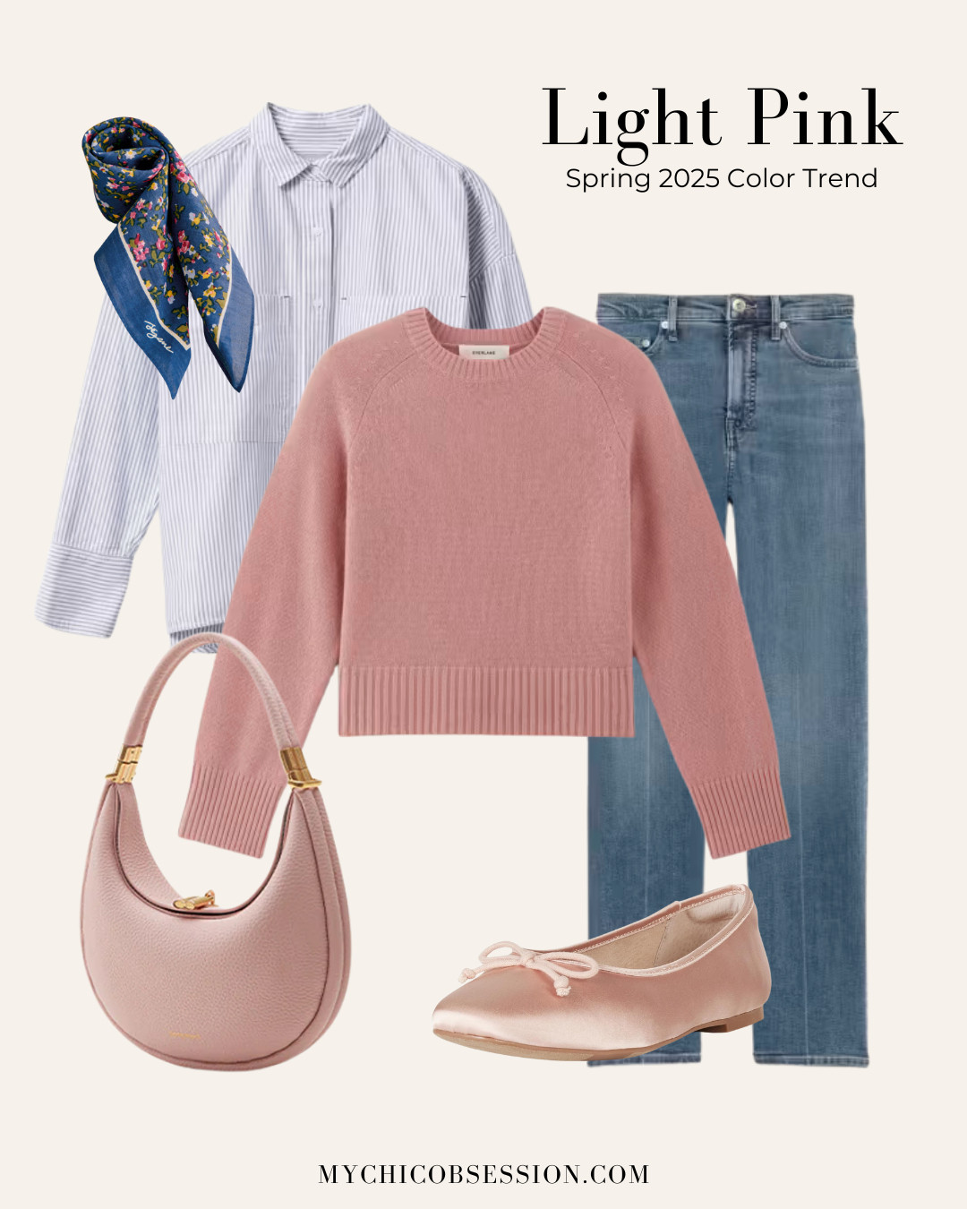 Style a chic spring outfit with a pink crewneck sweater from Everlane, classic jeans, pink ballet flats, a shoulder bag from Songmont, and a French-inspired neck scarf from Sezane. 

 #LTKSeasonal #LTKStyleTip #LTKShoeCrush