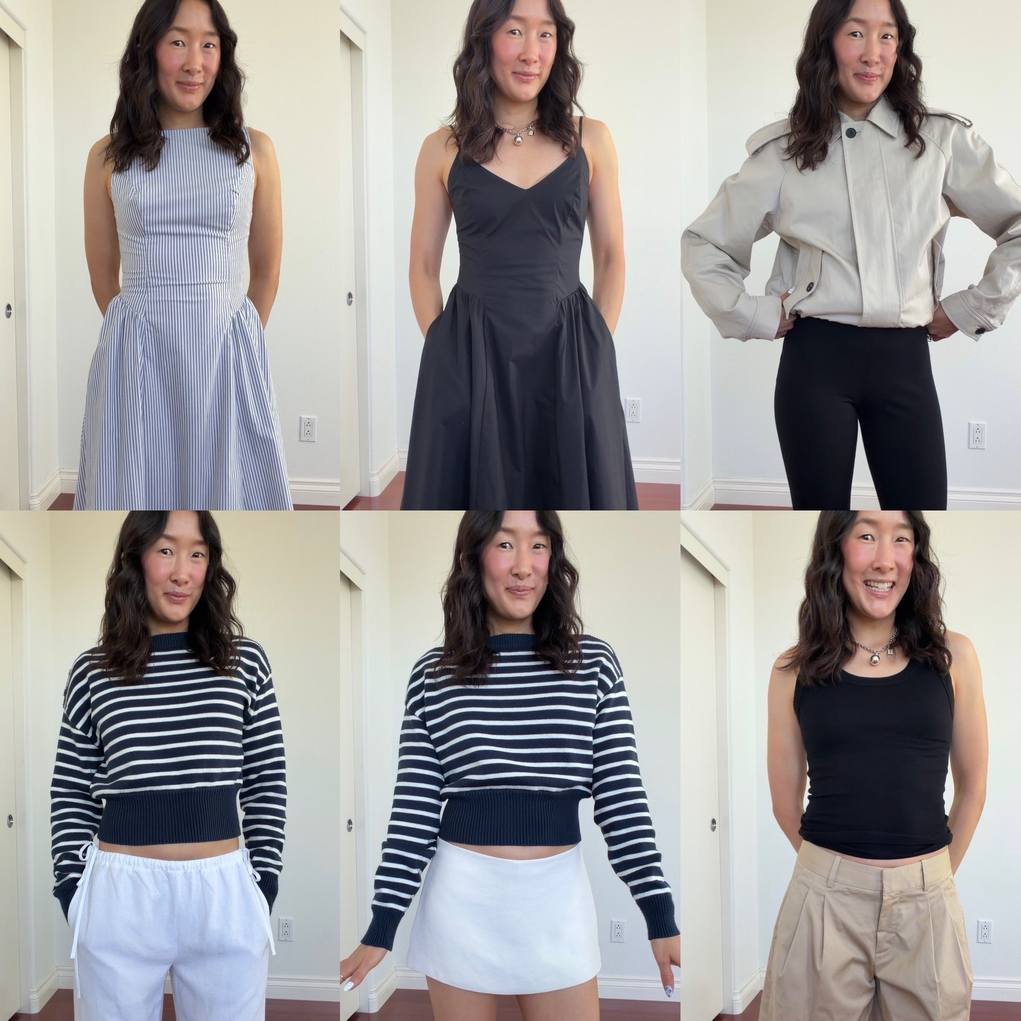 00 in black dress, 00 in Tina dress (a tad small on me but I tried 0 and it felt too big), 0 in skyline Capri I’d say these run smaller, xs in stripe sweater, xs in linen pants, 0 in chino shorts, xxs or xs in busy tank work for me. 0 in skorts, Arno trench is xs. Xs in grey off the shoulder top!
