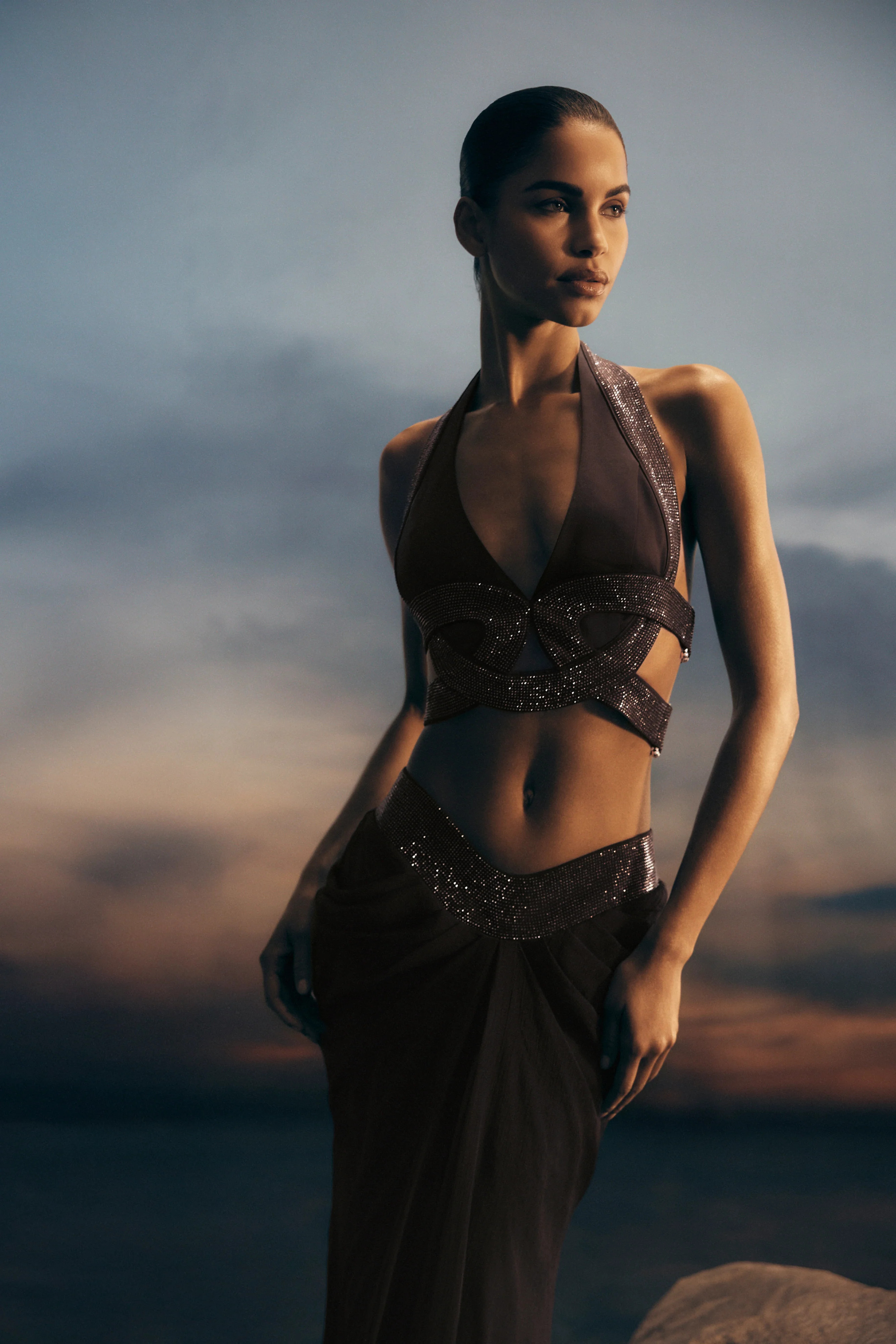 Siren Satin And Diamante Halter Top - Dark Chocolate | Meshki (APAC)