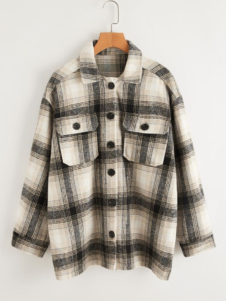 Flap Pocket Front Drop Shoulder Plaid Coat | SHEIN