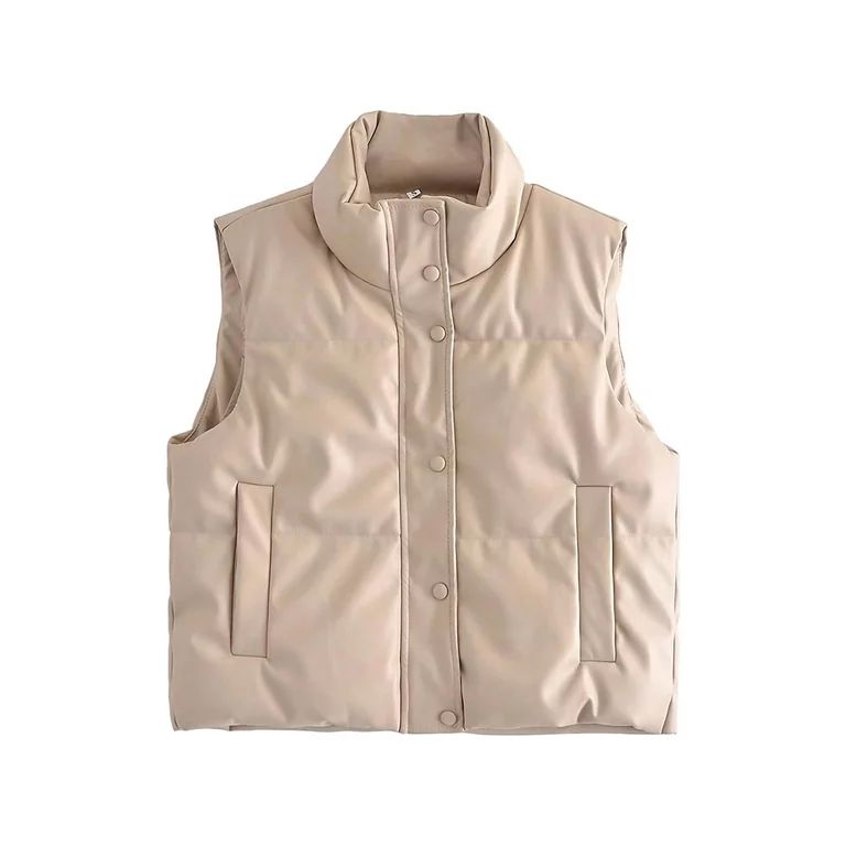 Women's Lightweight Down Quilted Puffer Vest PU Leather Zipper Winter Gilet Vest Outerwear Padded... | Walmart (US)