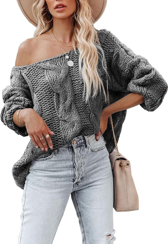 ANCAPELION Women's Off Shoulder Sweater Casual Pullover Loose Fit Sweatshirt Long Sleeve Knitted ... | Amazon (US)