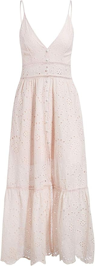 BerryGo Women's Embroidery Pearl Button Down Dress V Neck Spaghetti Strap Maxi Dress | Amazon (US)
