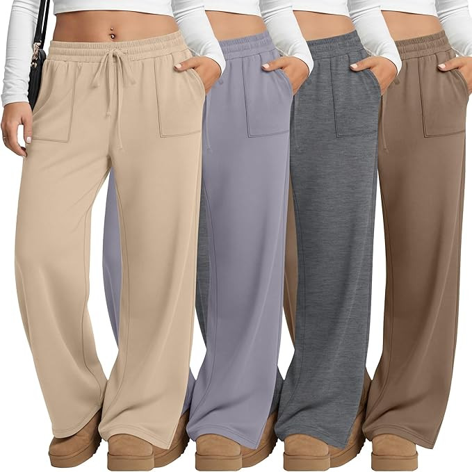 4 Pack Women Plus Size Pants Drawstring Yoga Pants with Pockets Baggy Wide Leg Sweatpants Lounge ... | Amazon (US)