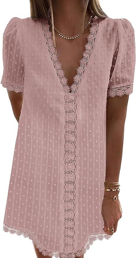 LookbookStore Women's Summer V Neck Casual Short Sleeve Swiss Dot Lace Shift Dress | Amazon (US)