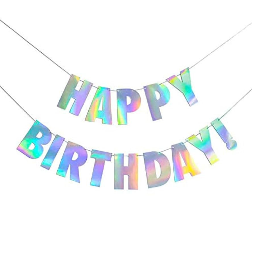 Pre-Strung Holographic Happy Birthday Banner - NO DIY - Iridescent White Hanging Bunting Garland ... | Amazon (US)