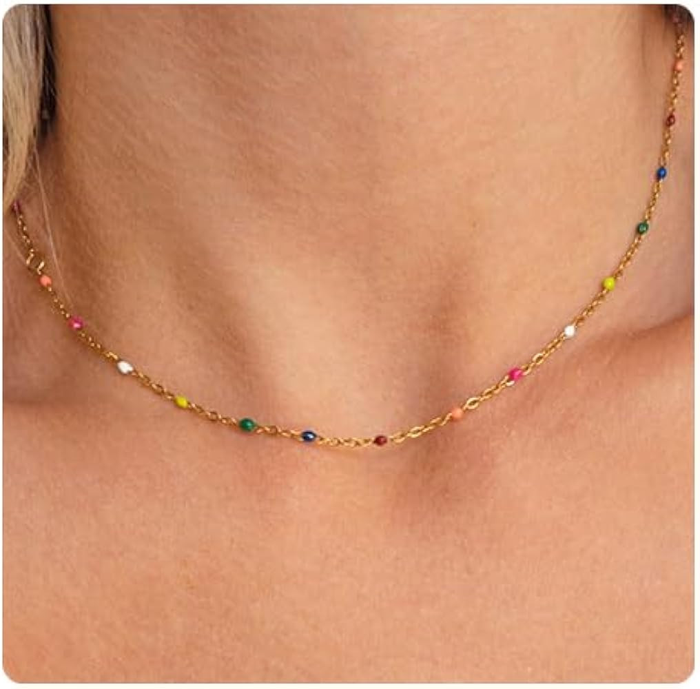 Colourful Bohemian Chain Necklace for Women 18K Gold Plated Chains Necklaces Gold Chokers Trendy ... | Amazon (US)