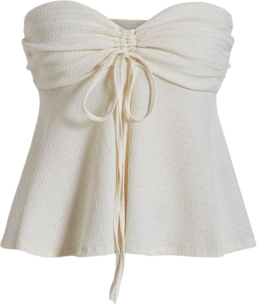Milumia Women Tie Front Ruched Tube Top Strapless Flared Hem Peplum Bandeau Tops | Amazon (US)