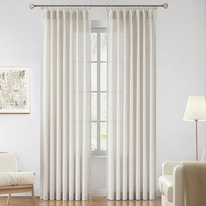 Vision Home Natural Pinch Pleated Semi Sheer Curtains Textured Linen Blended Light Filtering Wind... | Amazon (US)